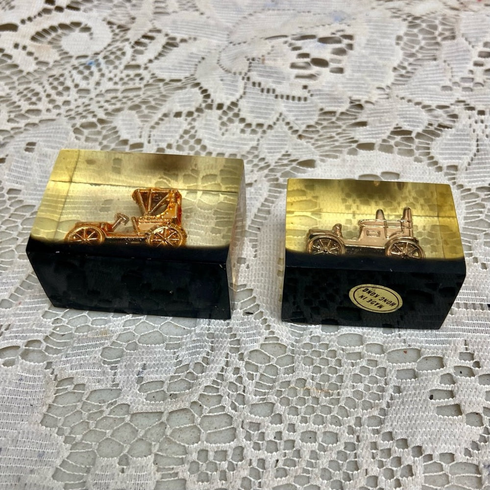 Lot of 2-1950s Vintage, Rare, Acrylic Lucite Gold Antique Cars Paperweight  (F07