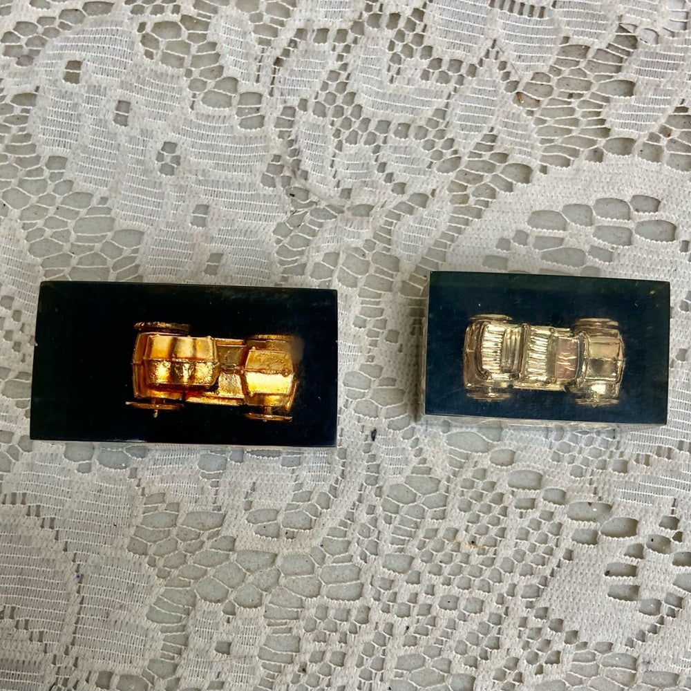 Lot of 2-1950s Vintage, Rare, Acrylic Lucite Gold Antique Cars Paperweight  (F07