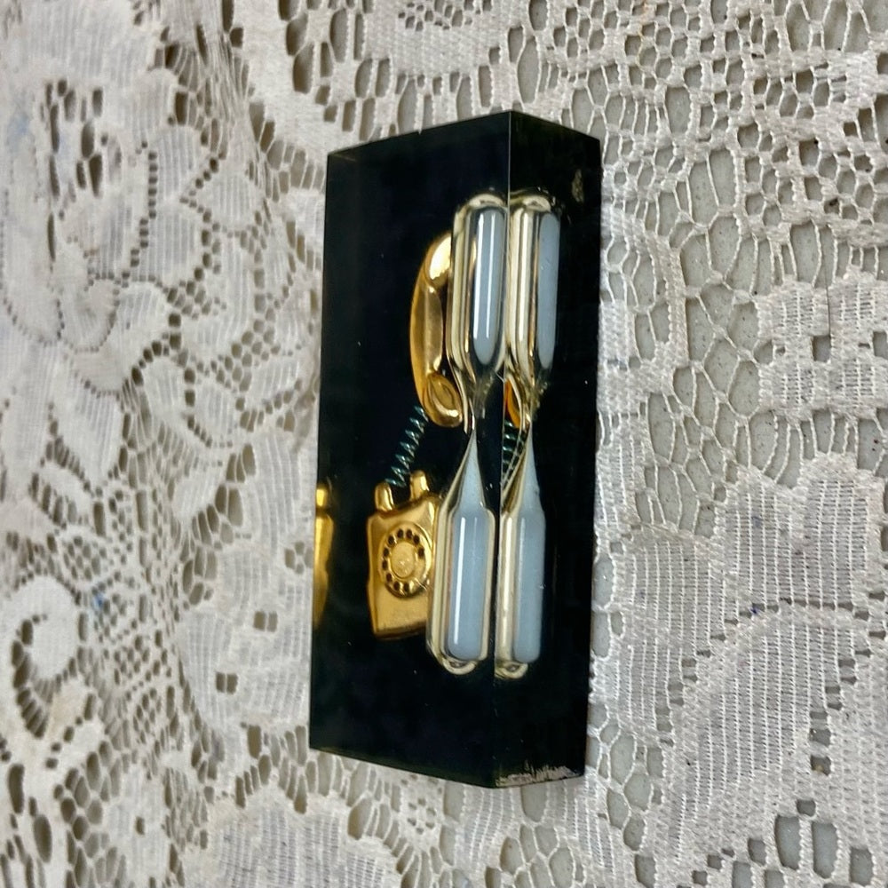 Vintage, Rare, Acrylic Lucite Gold Telephone with Hour Glass Paperweight  (F0723