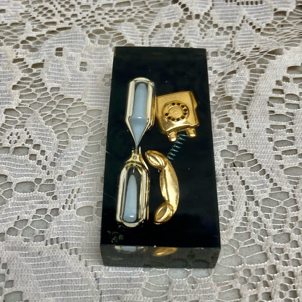 Vintage, Rare, Acrylic Lucite Gold Telephone with Hour Glass Paperweight  (F0723