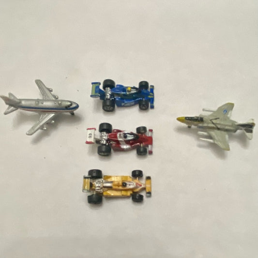 Vintage,  Lot of 5 Miniature 1.25-inch Airplanes and Racing Cars (G)