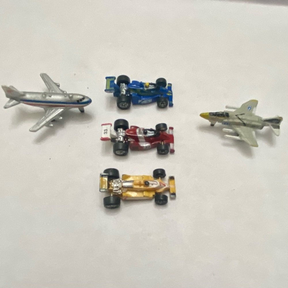 Vintage,  Lot of 5 Miniature 1.25-inch Airplanes and Racing Cars (G)