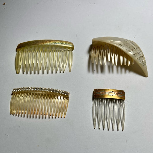 Vintage, Lot of 4 Celluloid Ivory Backcombs or Haircombs with Rhinestones