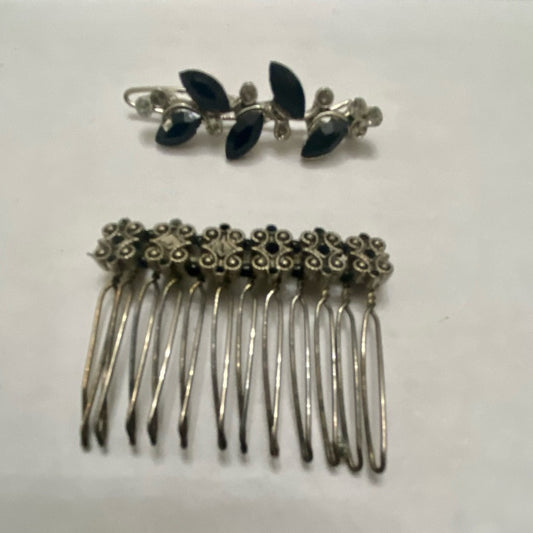 Vintage, Lot of 2 Black and Silver Barrette and Hair Comb