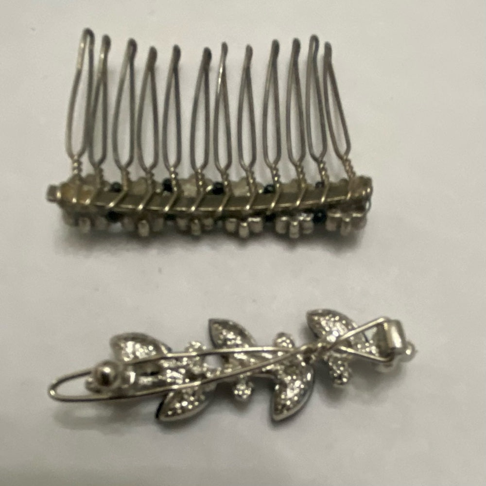 Vintage, Lot of 2 Black and Silver Barrette and Hair Comb