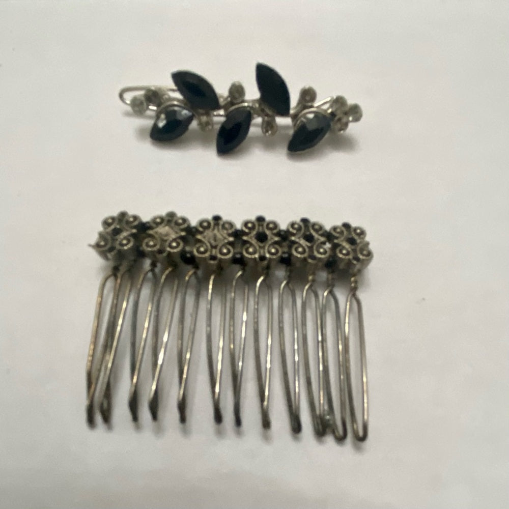 Vintage, Lot of 2 Black and Silver Barrette and Hair Comb