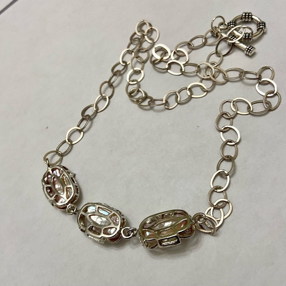 Vintage, 3 Encased Biwa Pearls Pendant w/18in Sterling-925 Chain Necklace