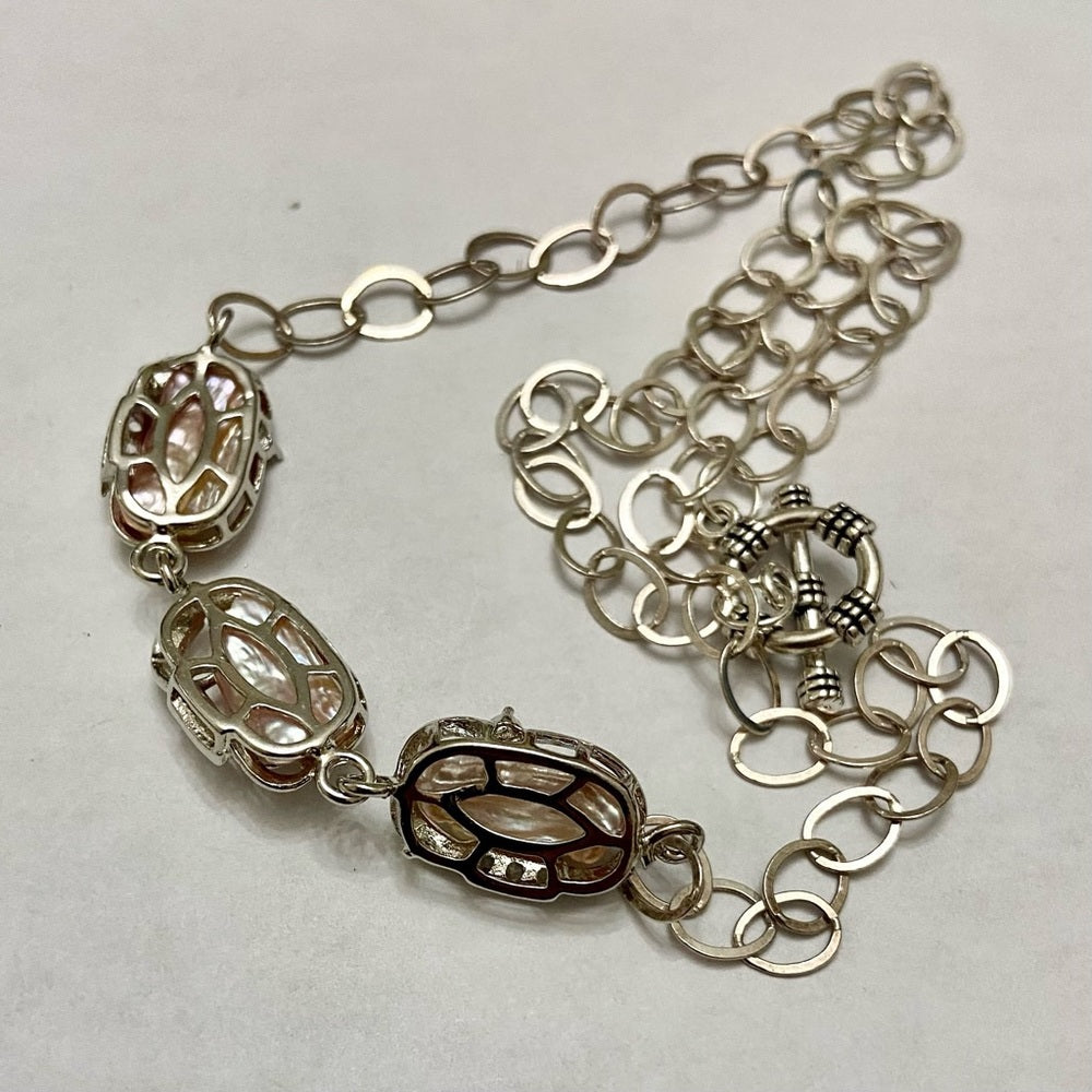 Vintage, 3 Encased Biwa Pearls Pendant w/18in Sterling-925 Chain Necklace