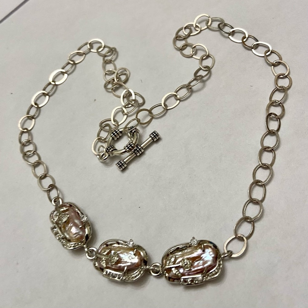 Vintage, 3 Encased Biwa Pearls Pendant w/18in Sterling-925 Chain Necklace