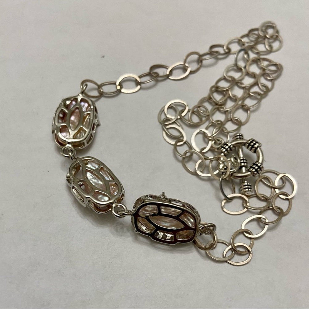 Vintage, 3 Encased Biwa Pearls Pendant w/18in Sterling-925 Chain Necklace