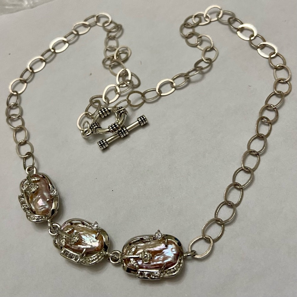 Vintage, 3 Encased Biwa Pearls Pendant w/18in Sterling-925 Chain Necklace