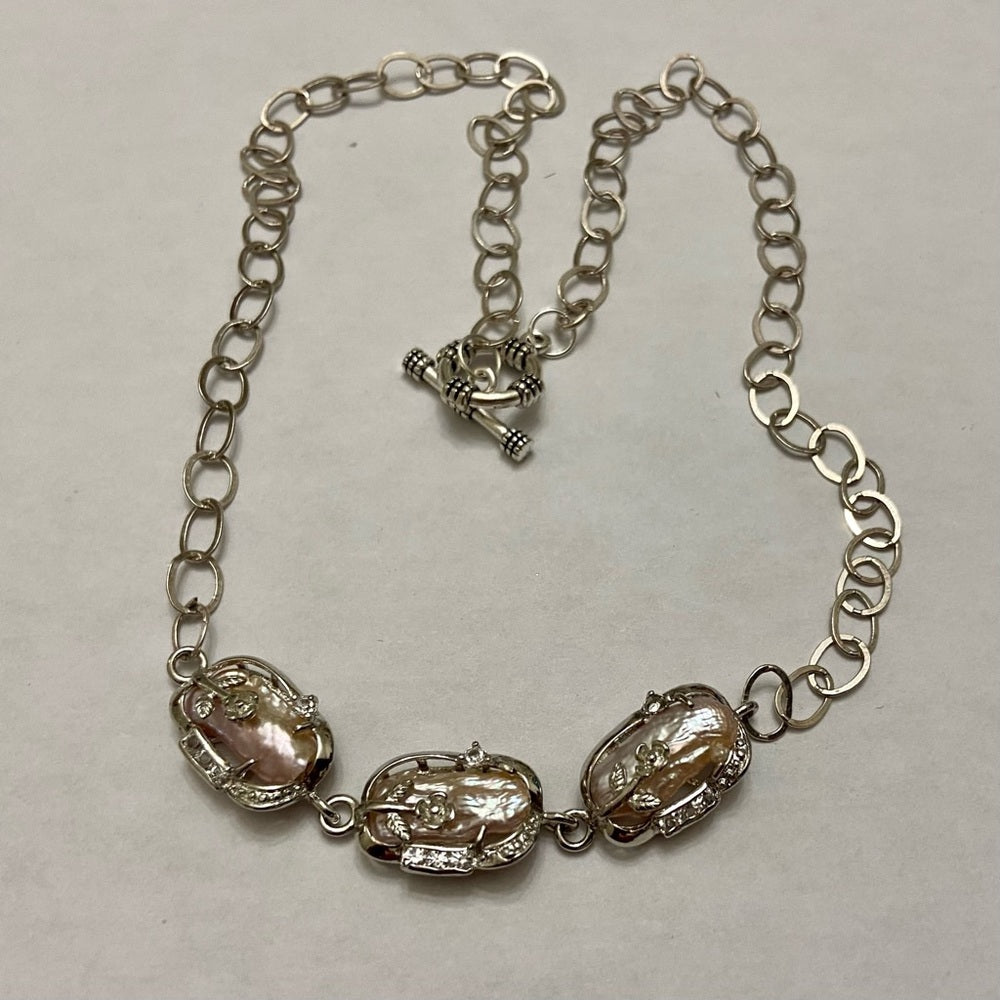 Vintage, 3 Encased Biwa Pearls Pendant w/18in Sterling-925 Chain Necklace