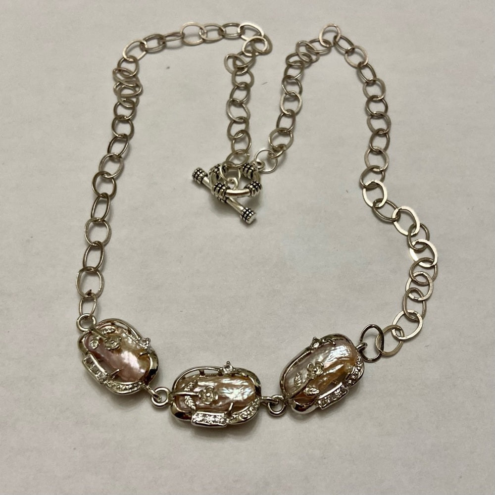 Vintage, 3 Encased Biwa Pearls Pendant w/18in Sterling-925 Chain Necklace