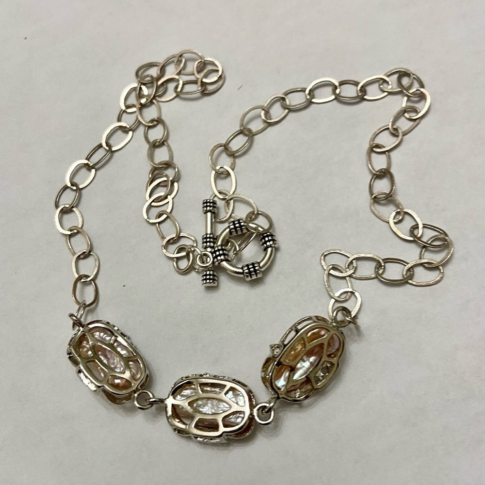 Vintage, 3 Encased Biwa Pearls Pendant w/18in Sterling-925 Chain Necklace