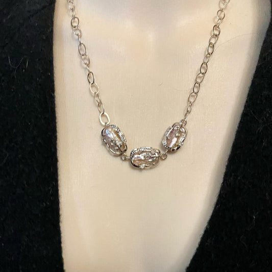 Vintage, 3 Encased Biwa Pearls Pendant w/18in Sterling-925 Chain Necklace