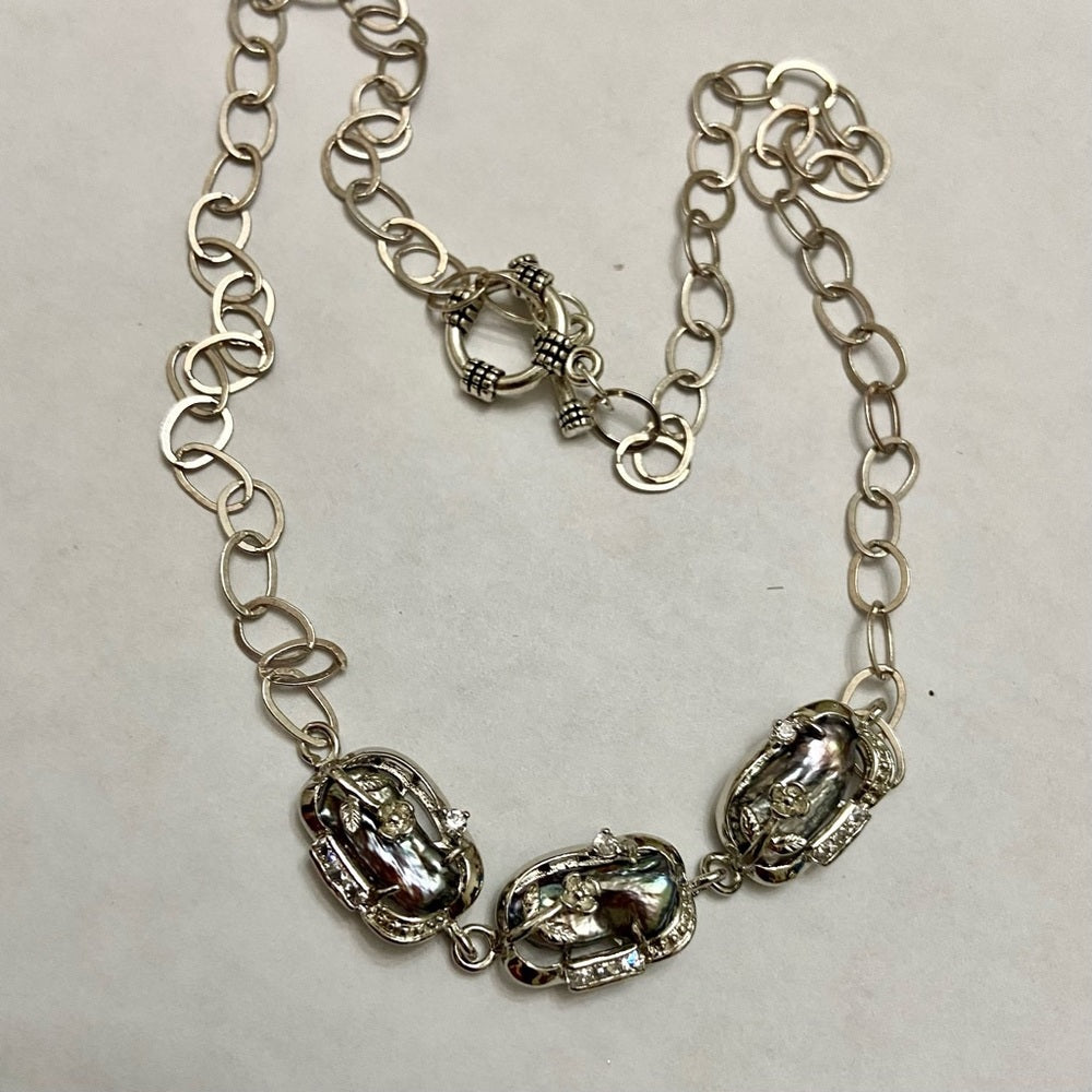 Vintage, 3 Encased Biwa Pearls 18in 925 Chain Necklace with Matching Earrings