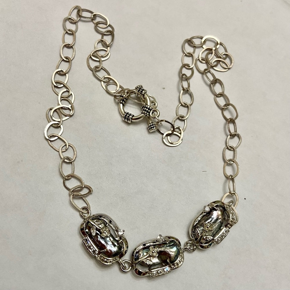Vintage, 3 Encased Biwa Pearls 18in 925 Chain Necklace with Matching Earrings