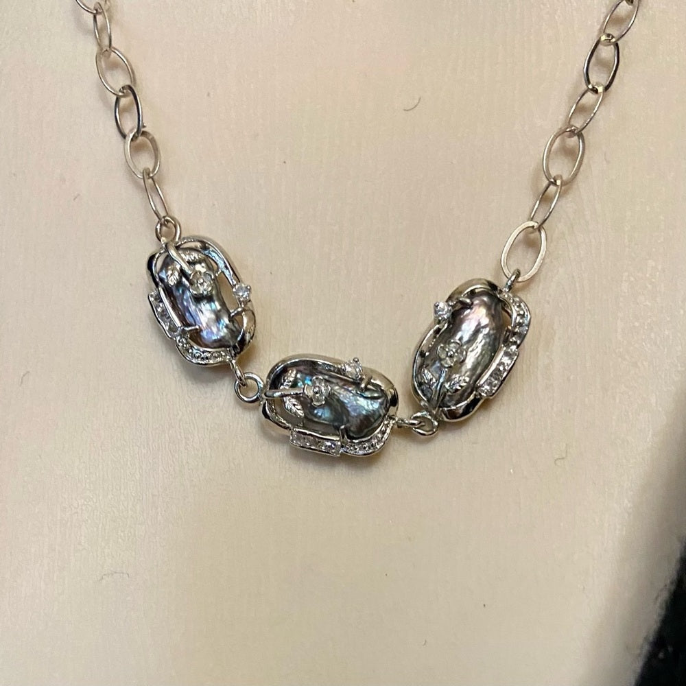 Vintage, 3 Encased Biwa Pearls 18in 925 Chain Necklace with Matching Earrings
