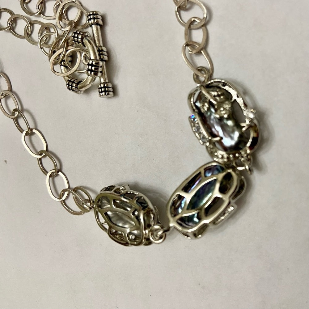 Vintage, 3 Encased Biwa Pearls 18in 925 Chain Necklace with Matching Earrings