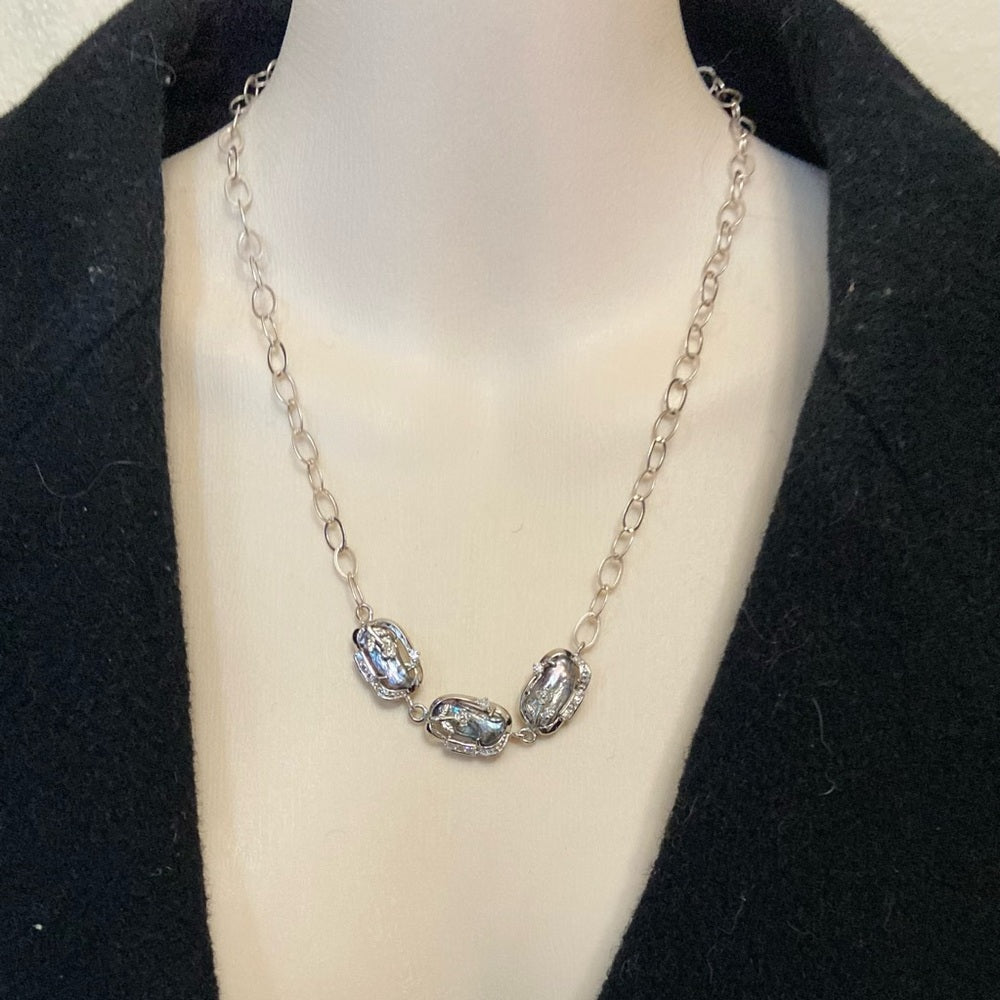 Vintage, 3 Encased Biwa Pearls 18in 925 Chain Necklace with Matching Earrings