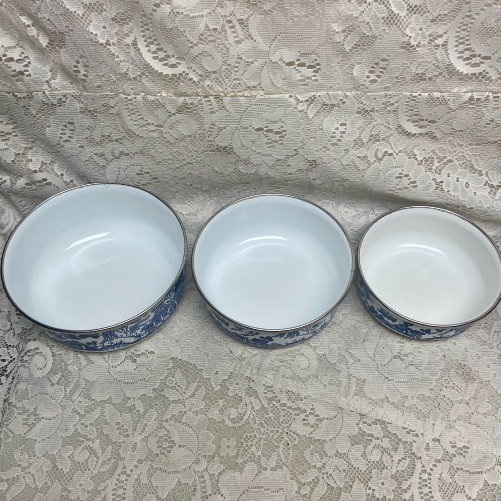 Vintage, Heritage Mint, 3pc Blue Willow Enamelware Mixing Bowls 7.5in, 7in n 6in