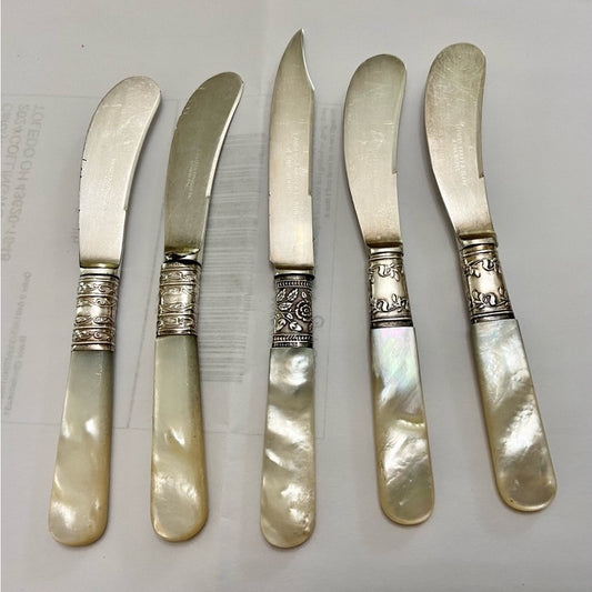 Antique, Meriden, Landers Frary & Clark Sterling Silver-MOP 5pc Butter Knives