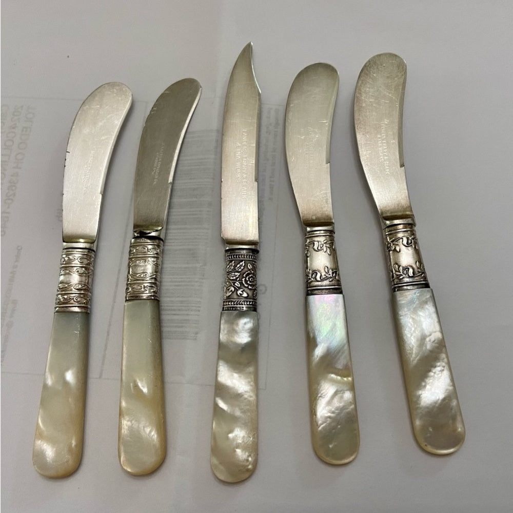 Antique, Meriden, Landers Frary & Clark Sterling Silver-MOP 5pc Butter Knives