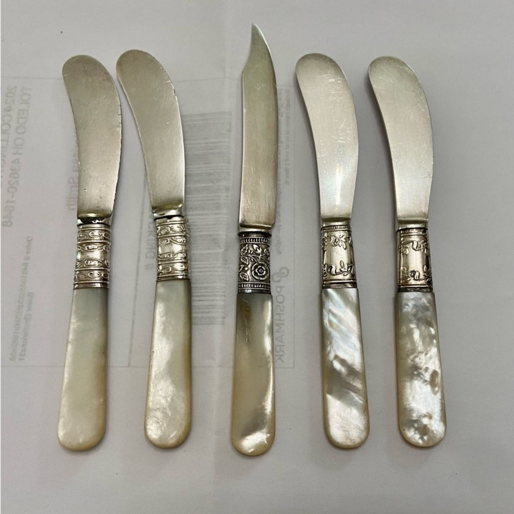Antique, Meriden, Landers Frary & Clark Sterling Silver-MOP 5pc Butter Knives