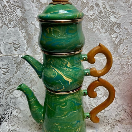1995 Camp MacKenzie Childs Ltd., Green Marble Enamelware, 4pcTea or Camp Set