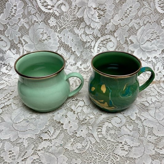 Vintage, MacKenzie Childs Green Enamelware 2pc Mugs