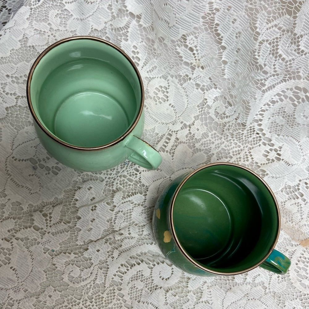 Vintage, MacKenzie Childs Green Enamelware 2pc Mugs