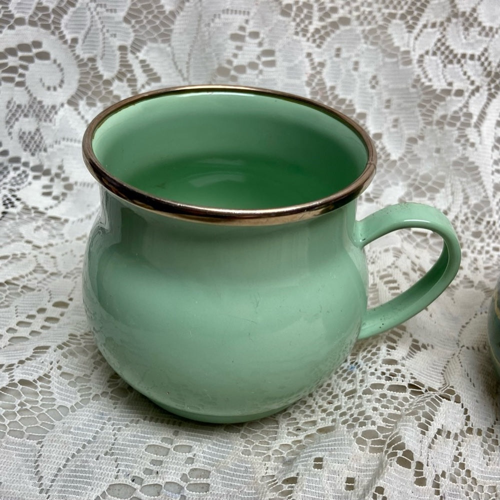 Vintage, MacKenzie Childs Green Enamelware 2pc Mugs