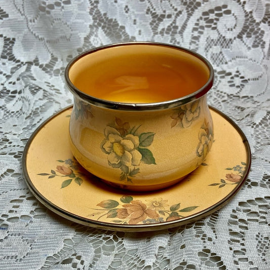 Vintage, MacKenzie Childs Yellow Floral Enamelware 2pc Cup and Saucer