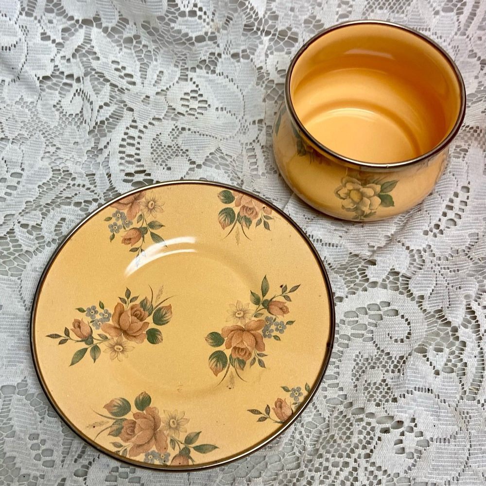 Vintage, MacKenzie Childs Yellow Floral Enamelware 2pc Cup and Saucer