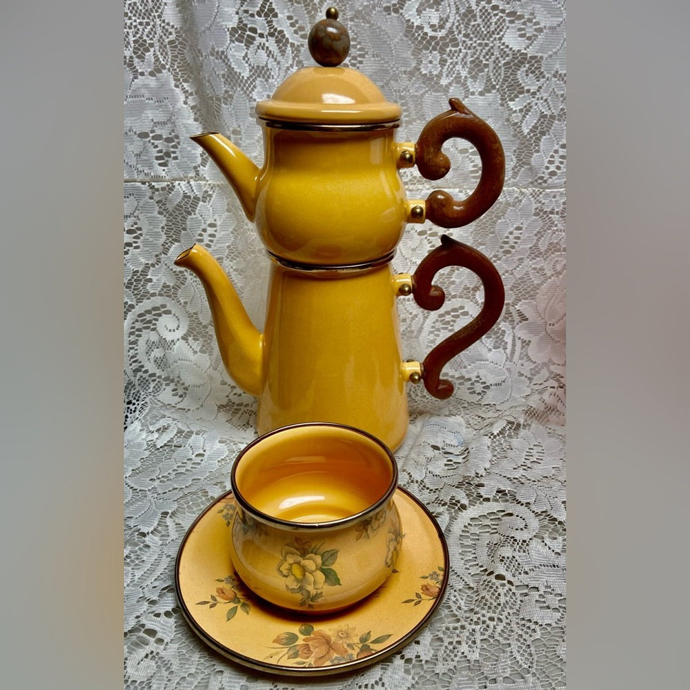 Vintage, MacKenzie Childs Yellow Floral Enamelware 2pc Cup and Saucer