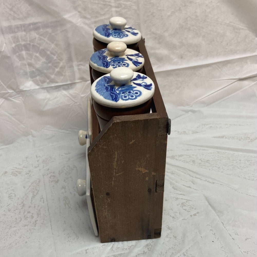 Vintage, Rare, Japan, 9-pc Blue Willow Shaker Set  with Wooden Rack
