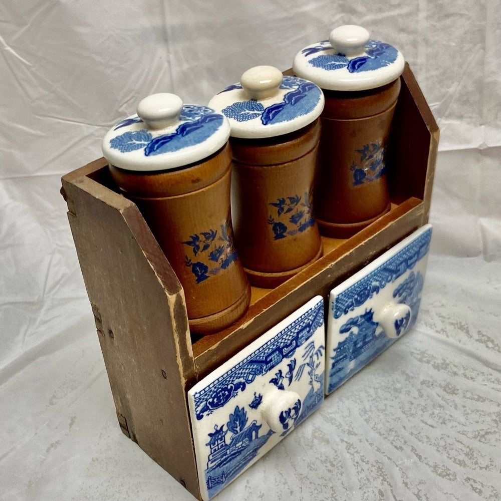 Vintage, Rare, Japan, 9-pc Blue Willow Shaker Set  with Wooden Rack