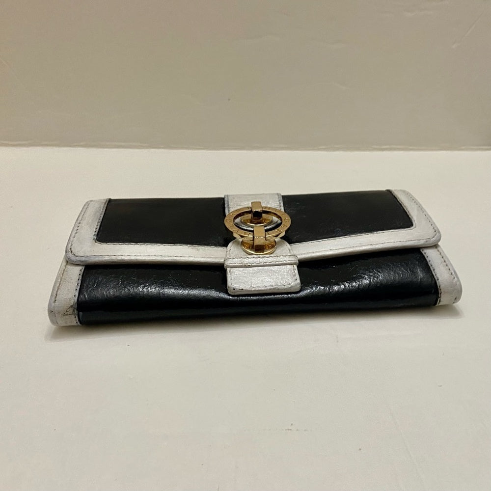 Authentic  Bulgari Black and White Leather Bi-fold Long Wallet