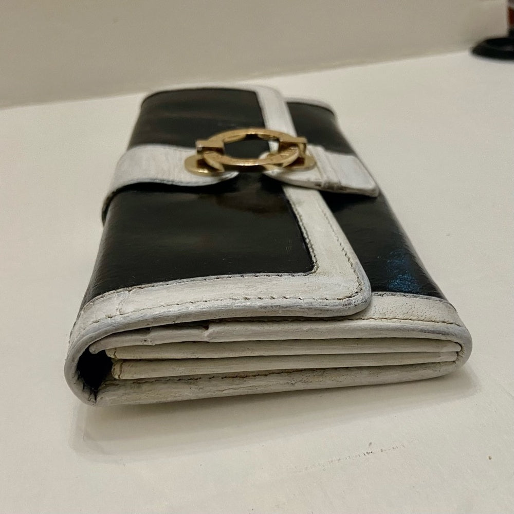Authentic  Bulgari Black and White Leather Bi-fold Long Wallet