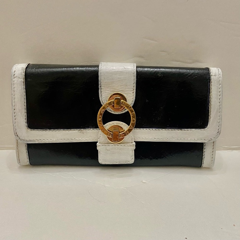 Authentic  Bulgari Black and White Leather Bi-fold Long Wallet