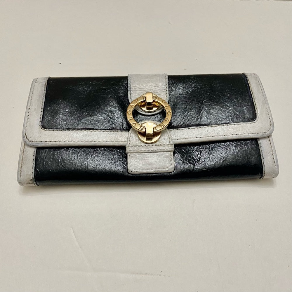 Authentic  Bulgari Black and White Leather Bi-fold Long Wallet