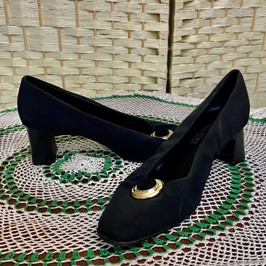Villager-Liz Claiborne, Black, Gold Buckle, High Heel Shoes- Size 8