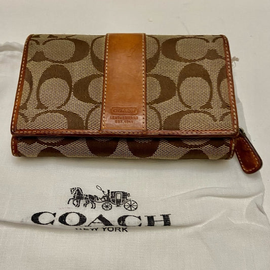 Coach Brown Mono-Tan Leather Trim-Bifold Compact Wallet with Dust Bag 6in x 4in