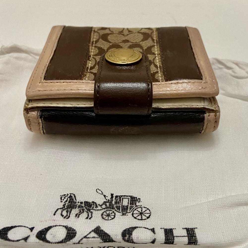 Coach Brown Mono Canvas-Beige- BrownLeather Trifold Compact Wallet with Dust Bag