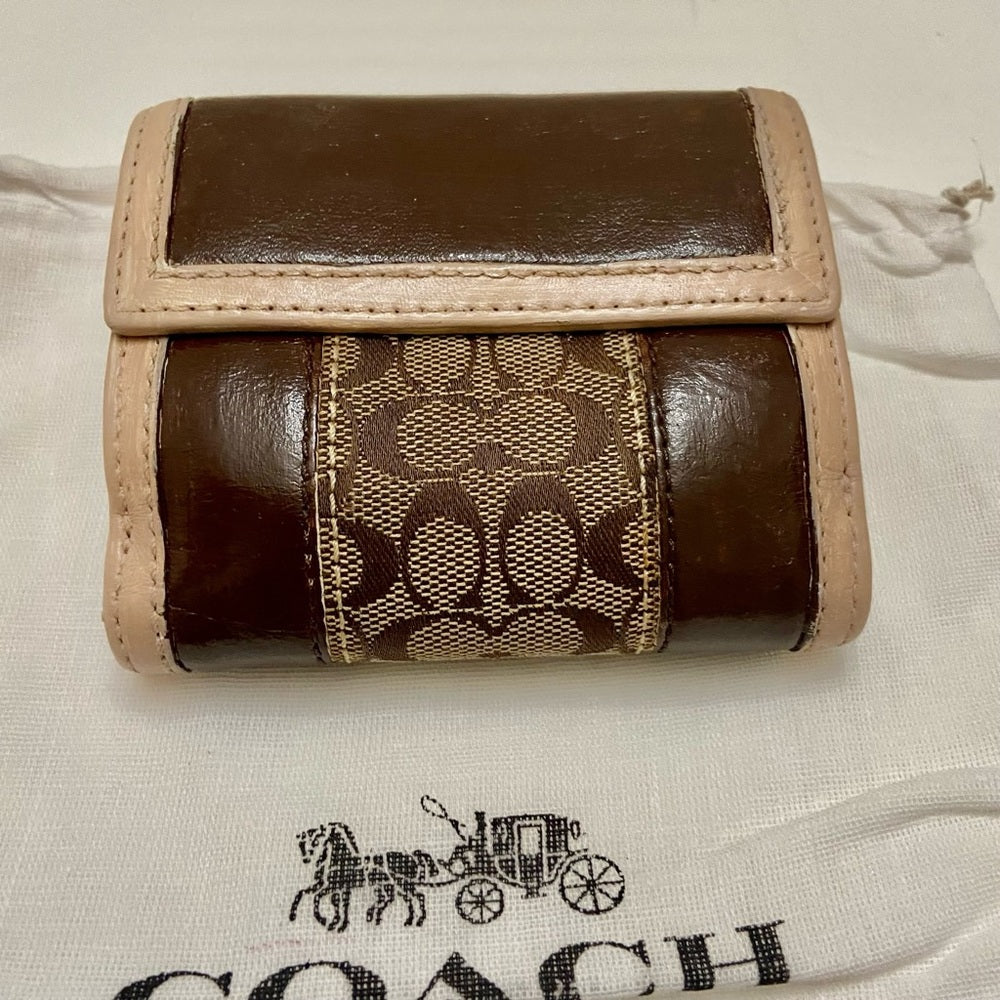 Coach Brown Mono Canvas-Beige- BrownLeather Trifold Compact Wallet with Dust Bag