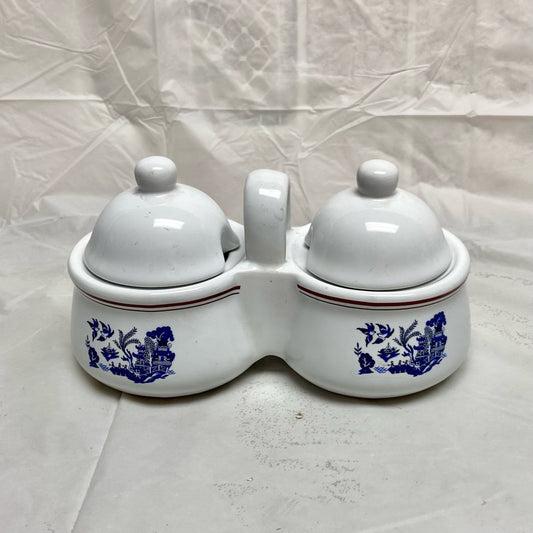 Vintage, Blue Willow White Ceramics Condiment Jar