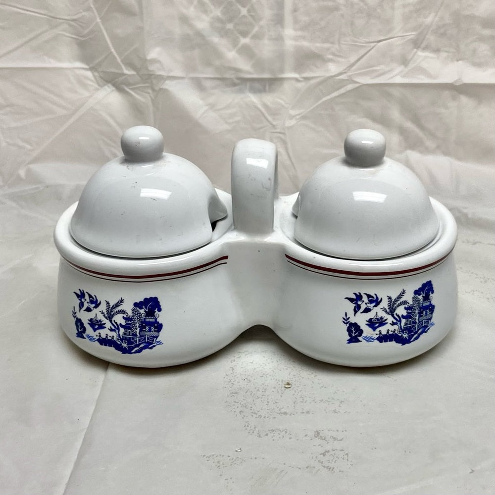 Vintage, Blue Willow White Ceramics Condiment Jar