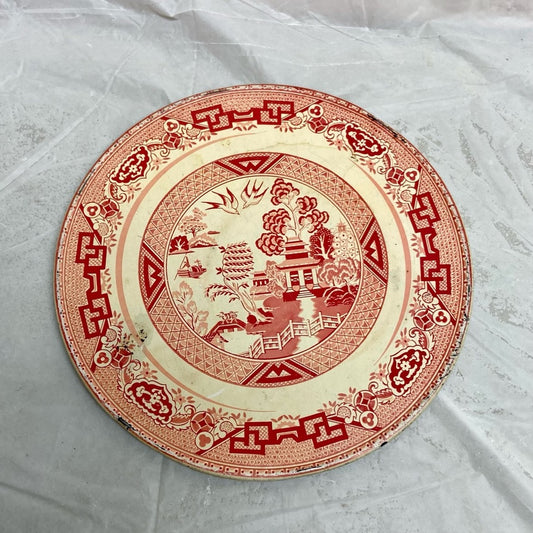 Vintage, Rare, Red- Blue Willow, 7inD Tin Round Hot Pad-Tea Tile