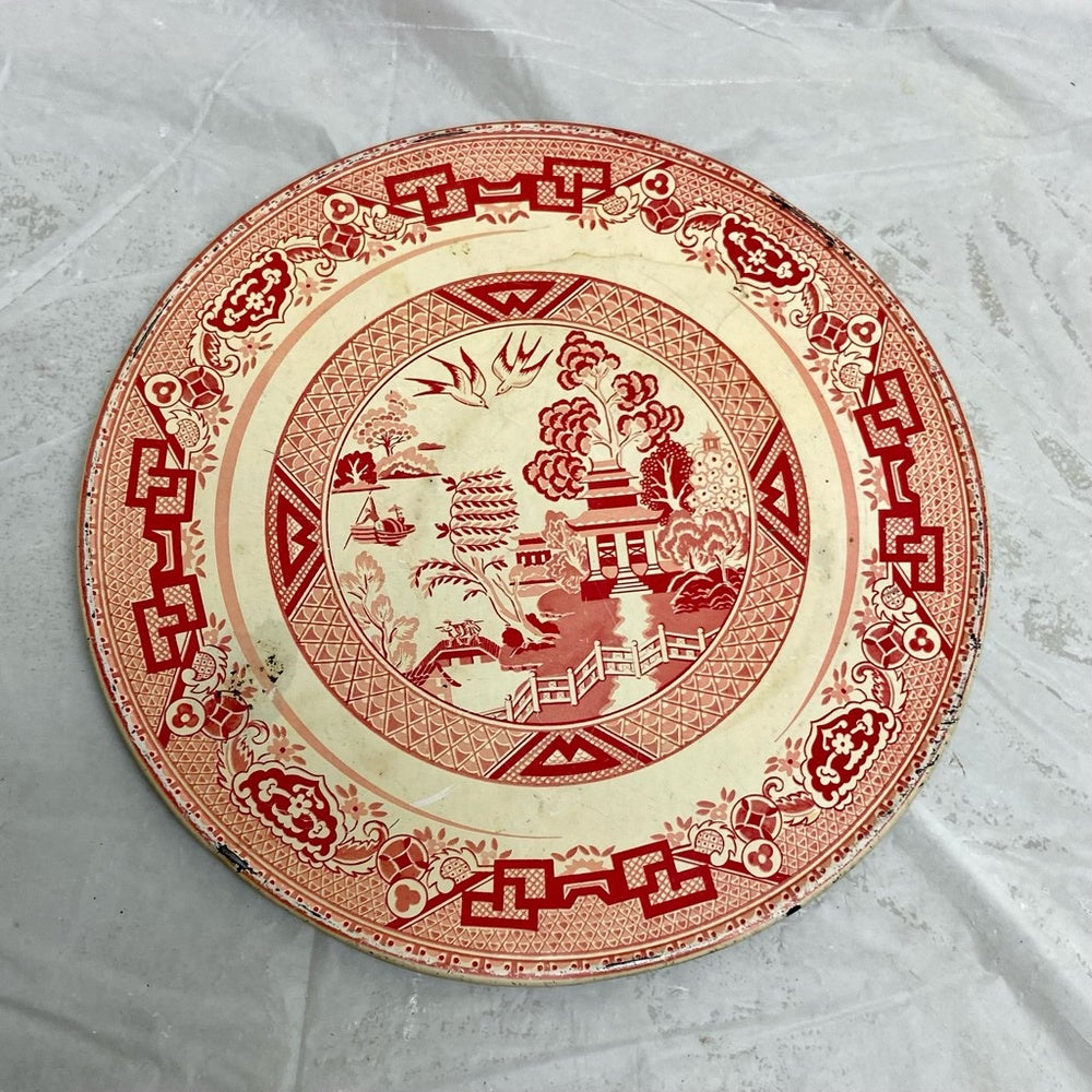 Vintage, Rare, Red- Blue Willow, 7inD Tin Round Hot Pad-Tea Tile