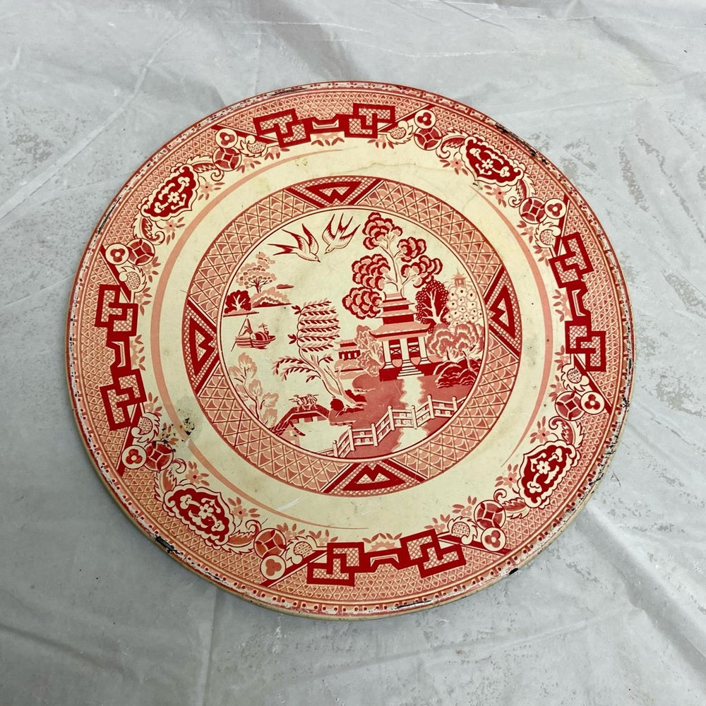 Vintage, Rare, Red- Blue Willow, 7inD Tin Round Hot Pad-Tea Tile
